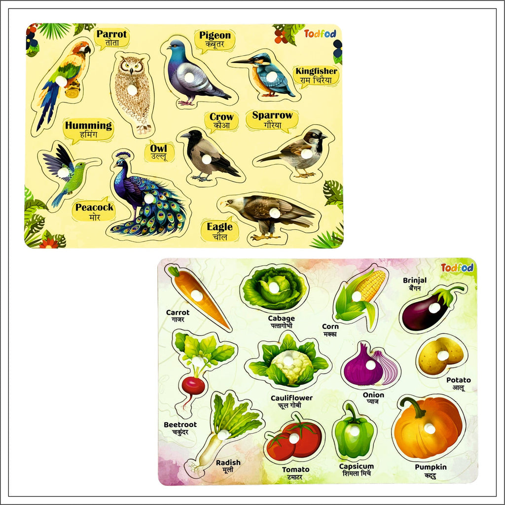 Birds and Vegetable Characters Wooden Knob & Pegged Puzzle for Kids