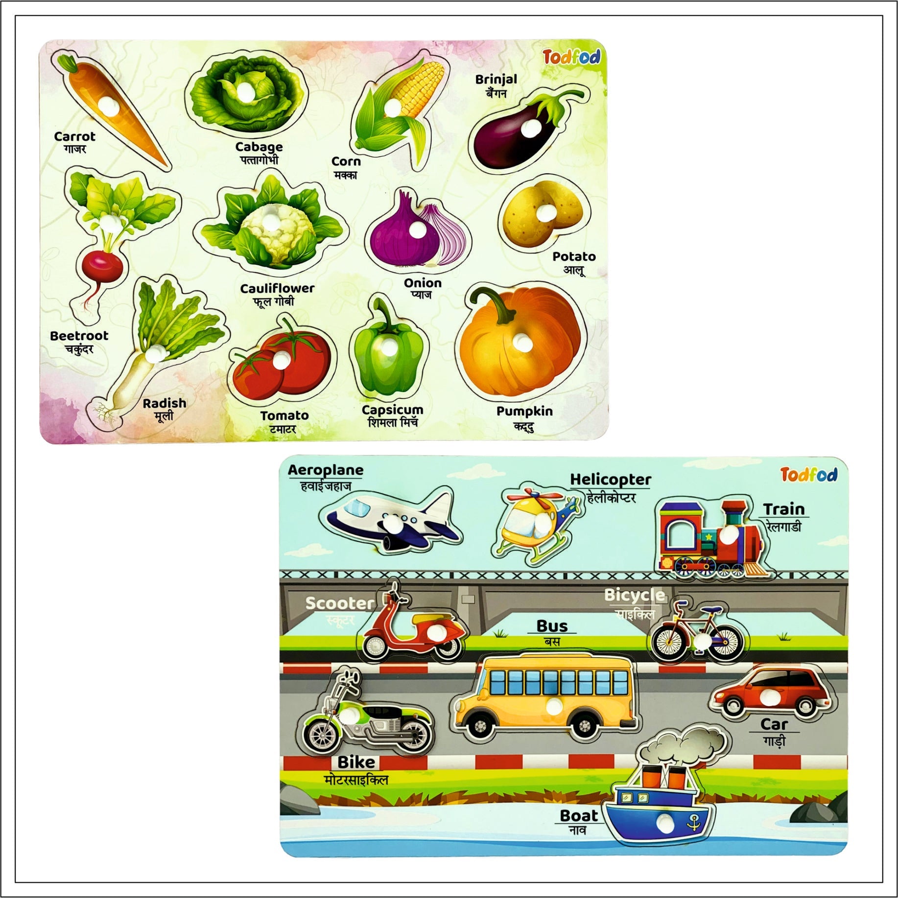 Veggie & Vehicle Wooden Knob & Pegged Puzzles for Kids
