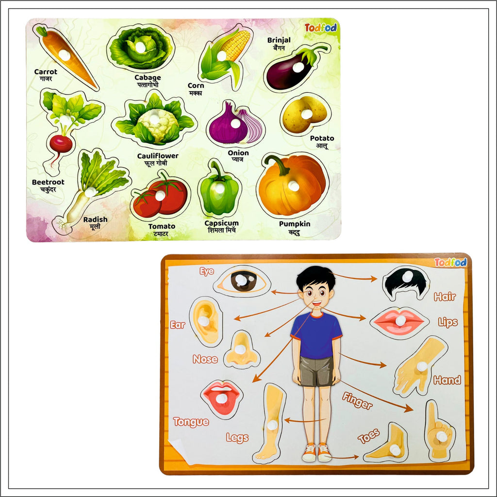 Vegetable & Body Parts Characters Knob & Pegged Puzzle for Kids
