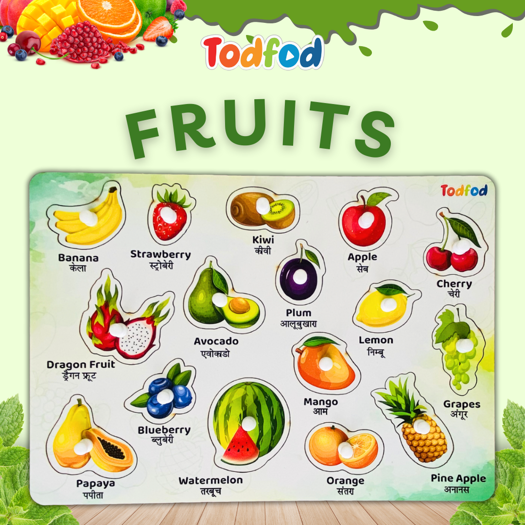 Body Parts, Vegetables, and Fruits Wooden Knob & Pegged Puzzle for Kids