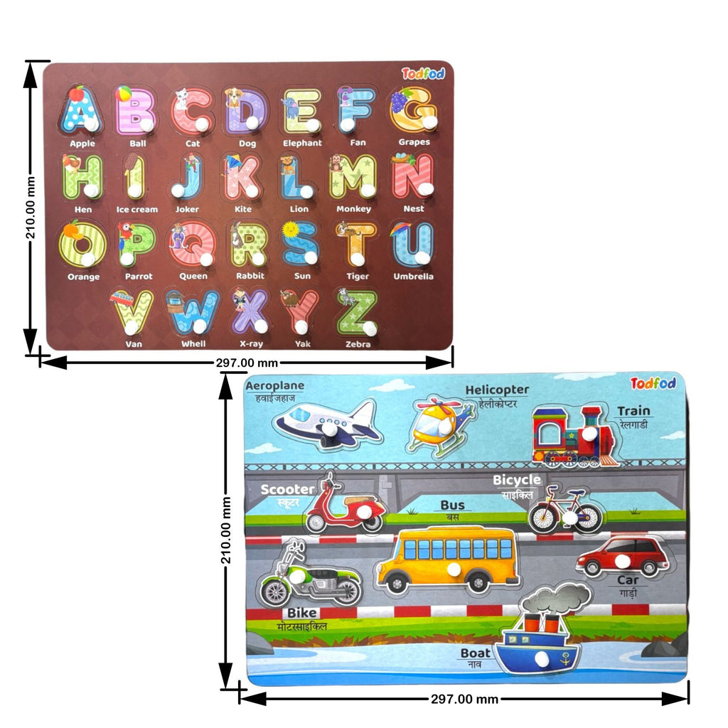 ABCD & Vehicle Characters Knob & Pegged Puzzle for Kids