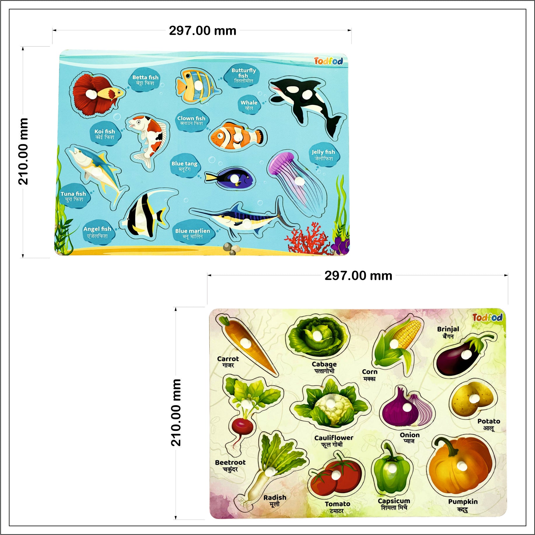 Fish and Vegetable Wooden Knob & Pegged Puzzle for Kids