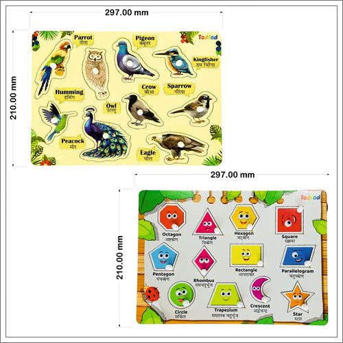 Birds & Shapes Characters Knob & Pegged Puzzle for Kids