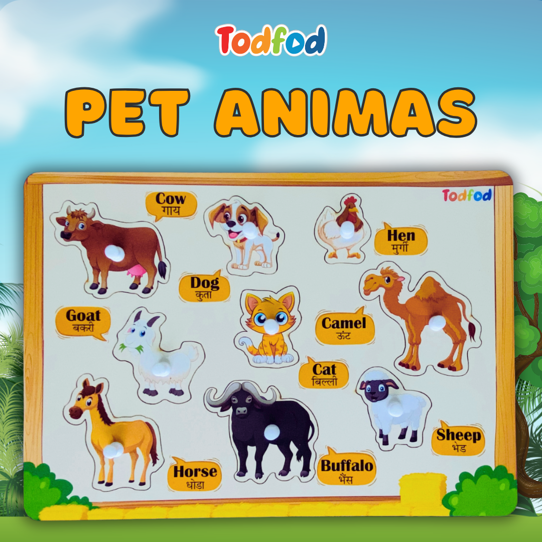 Pet Animal Body Parts Wooden Knob & Pegged Puzzle for Kids