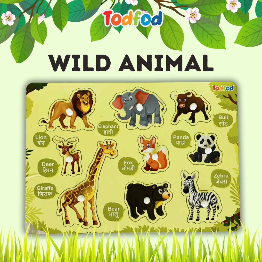Wild Animals and Birds Wooden Knob & Pegged Puzzle for Kids