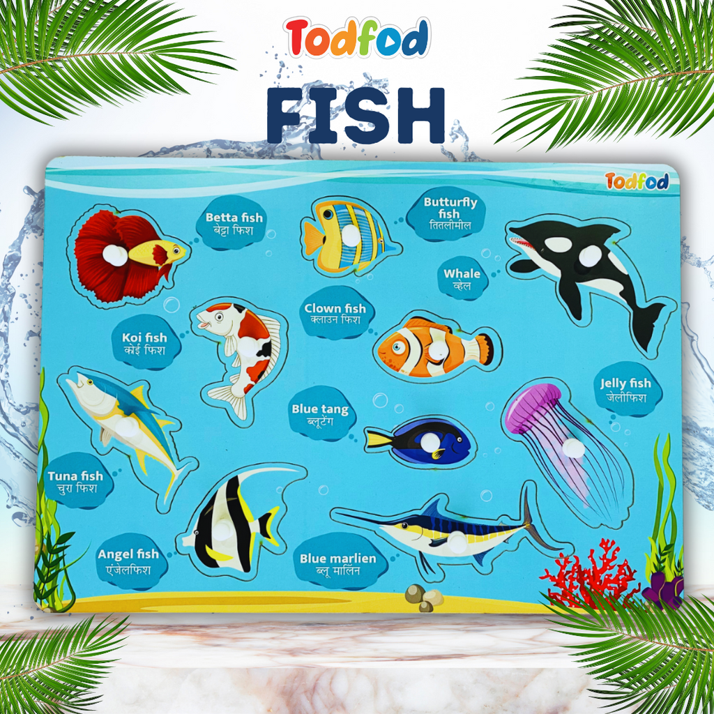Fish and Vegetable Wooden Knob & Pegged Puzzle for Kids