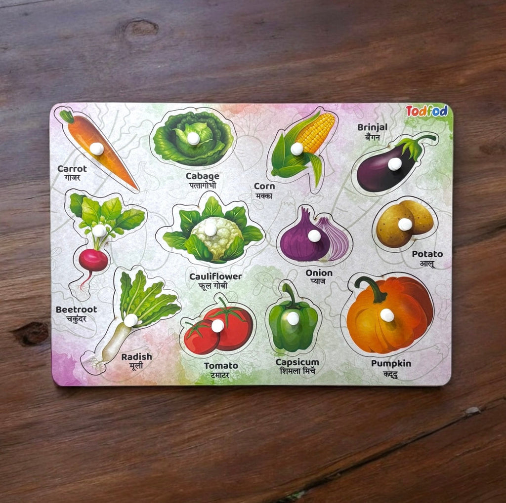 ABCD 4-1 Vegetable Characters Wooden Knob & Pegged Puzzle for Kids