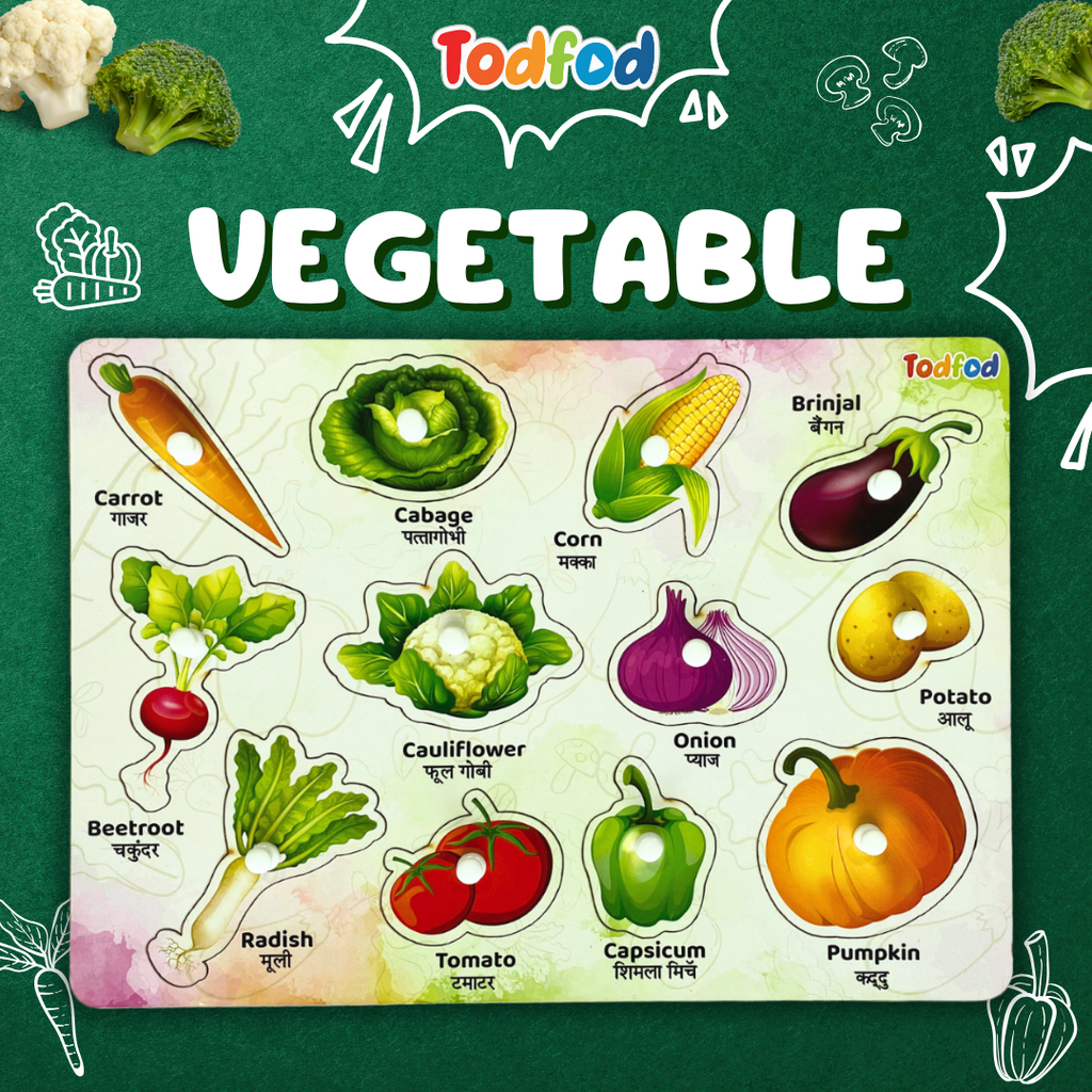 Fruit and Vegetable Characters Wooden Knob & Pegged Puzzle for Kids