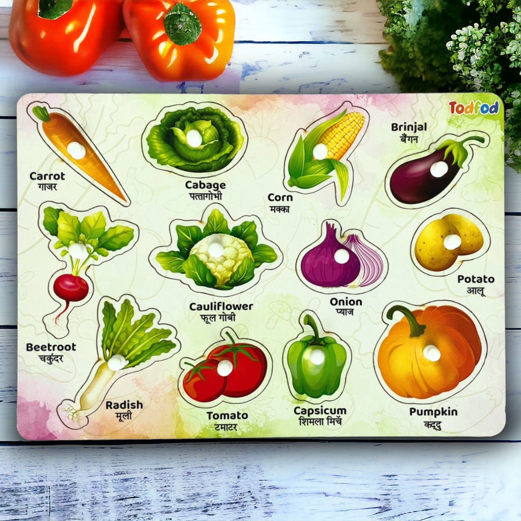 Veggie & Vehicle Wooden Knob & Pegged Puzzles for Kids