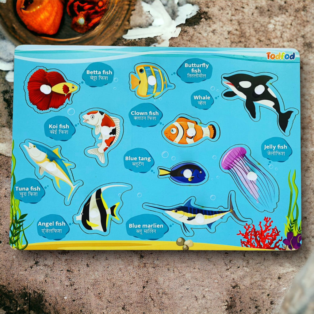 Fish and Vegetable Wooden Knob & Pegged Puzzle for Kids