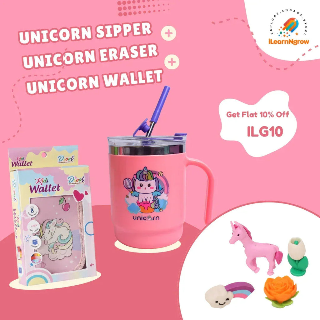 Unicorn Fun Bundle for Kids – Sipper Bottle, Eraser & Wallet | Magical Unicorn Gift Set